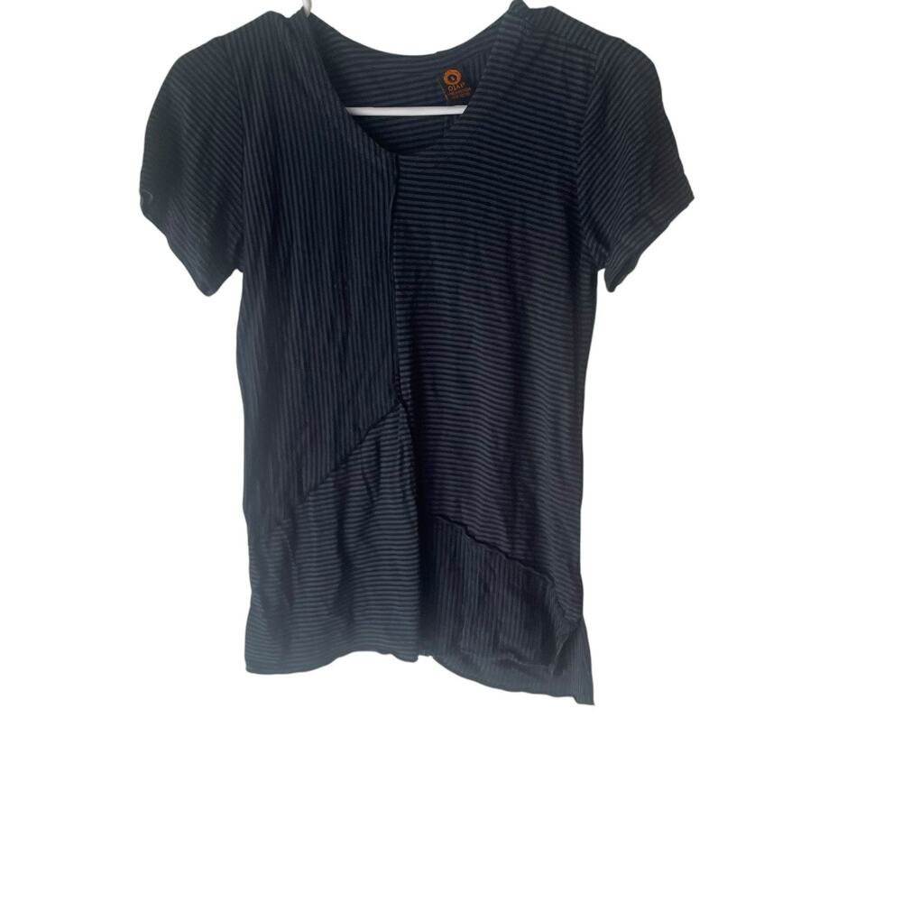 Ojai Women's Small Blue Striped Laggen Art Minimalist Cotton Short‎ Sleeve Top